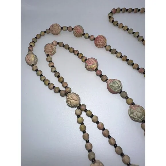 Antique Art Deco real pressed rose petals pink beaded sautoir tassel necklace